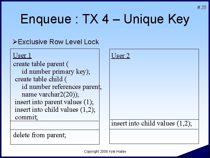 #. 35 Enqueue : TX 4 – Unique Key ØExclusive Row Level Lock User