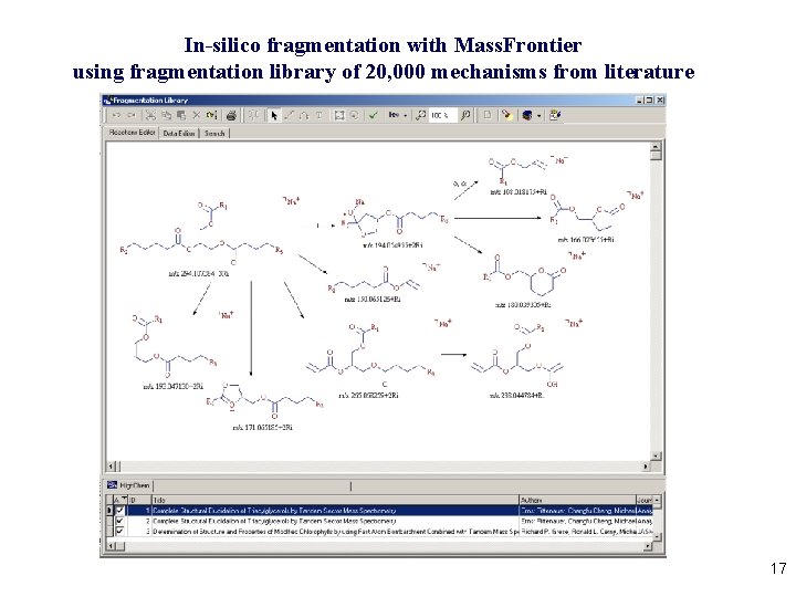 In-silico fragmentation with Mass. Frontier using fragmentation library of 20, 000 mechanisms from literature