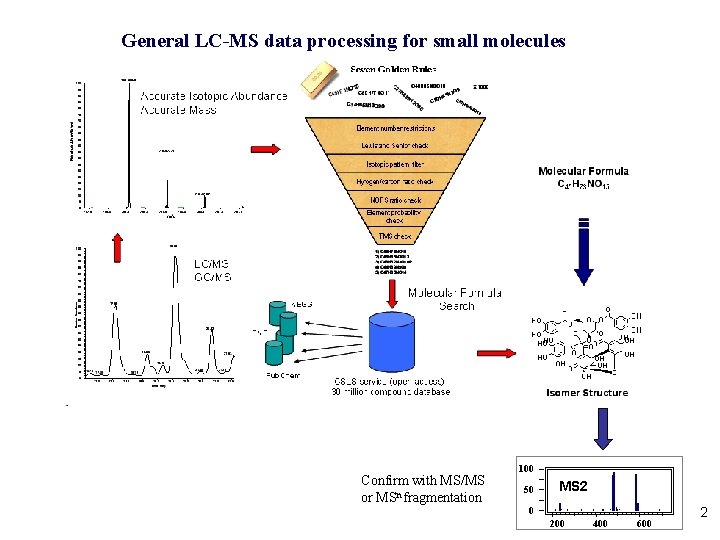 General LC-MS data processing for small molecules Confirm with MS/MS or MSn fragmentation 100