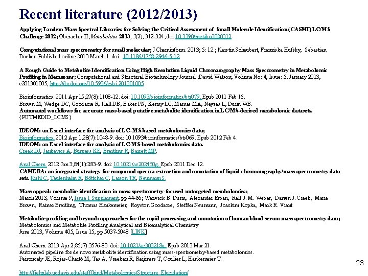 Recent literature (2012/2013) Applying Tandem Mass Spectral Libraries for Solving the Critical Assessment of