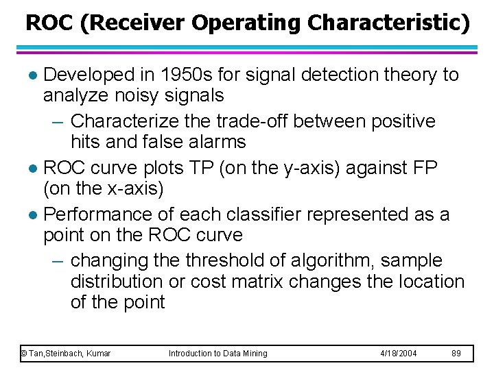 ROC (Receiver Operating Characteristic) Developed in 1950 s for signal detection theory to analyze