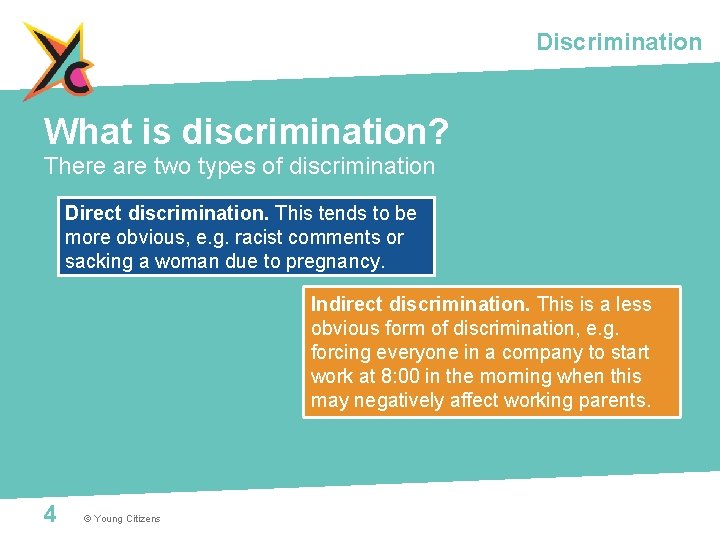 Discrimination What is discrimination? There are two types of discrimination Direct discrimination. This tends