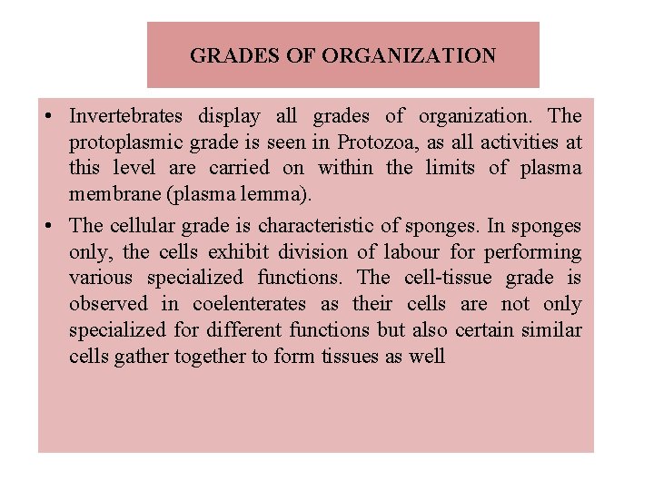 GRADES OF ORGANIZATION • Invertebrates display all grades of organization. The protoplasmic grade is