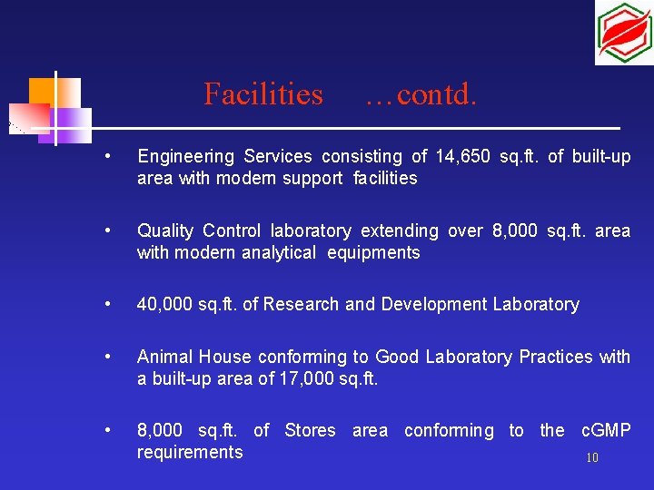 Facilities …contd. • Engineering Services consisting of 14, 650 sq. ft. of built-up area