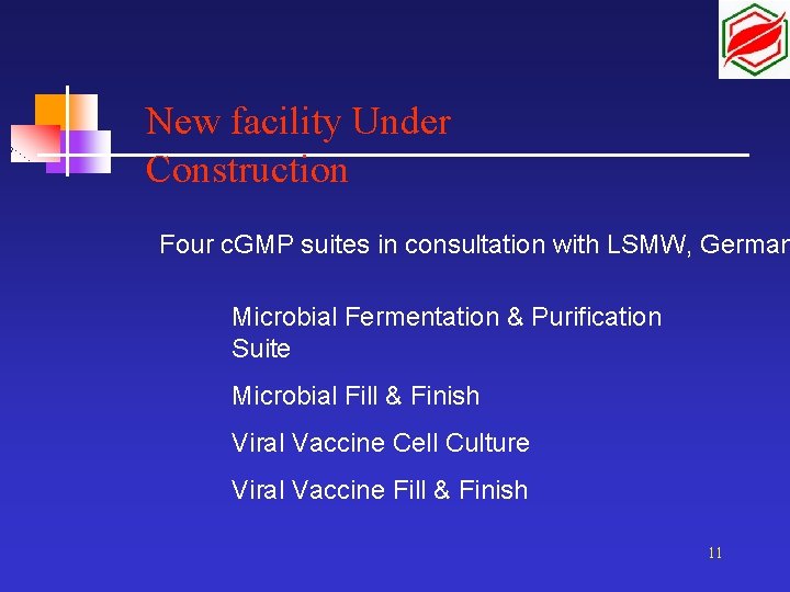 New facility Under Construction Four c. GMP suites in consultation with LSMW, German Microbial