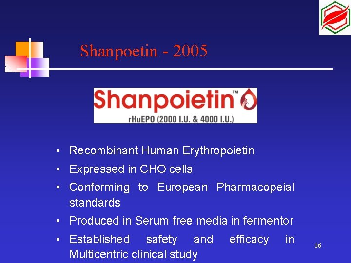 Shanpoetin - 2005 • Recombinant Human Erythropoietin • Expressed in CHO cells • Conforming