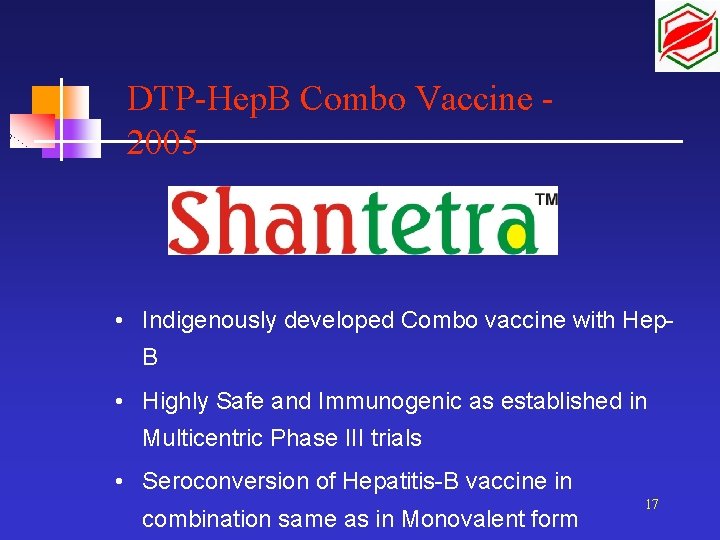 DTP-Hep. B Combo Vaccine 2005 • Indigenously developed Combo vaccine with Hep. B •