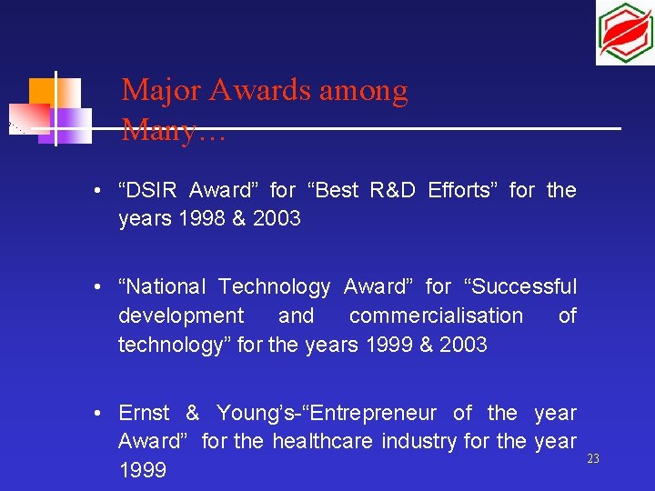 Major Awards among Many… • “DSIR Award” for “Best R&D Efforts” for the years