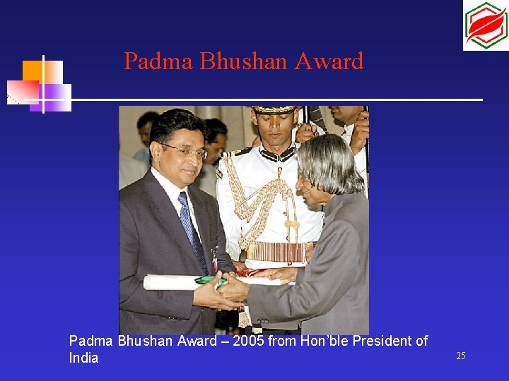 Padma Bhushan Award – 2005 from Hon’ble President of India 25 