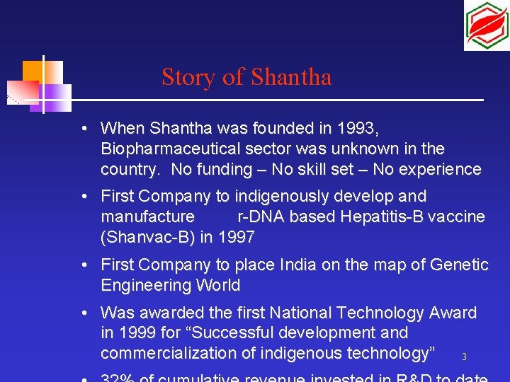 Story of Shantha • When Shantha was founded in 1993, Biopharmaceutical sector was unknown