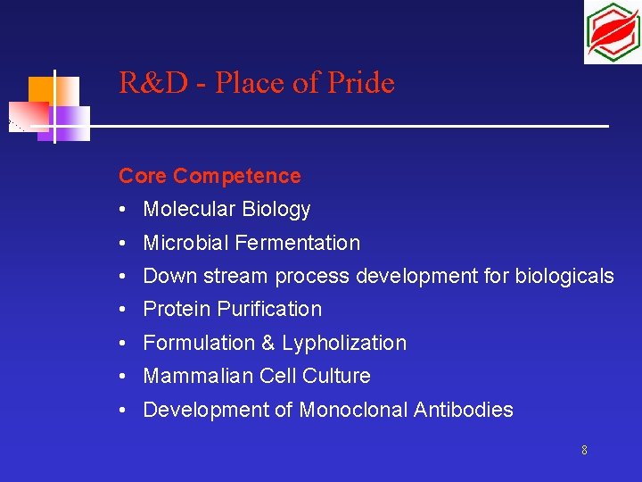 R&D - Place of Pride Core Competence • Molecular Biology • Microbial Fermentation •