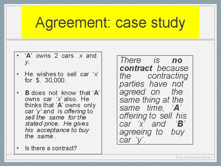 Agreement: case study • ‘A’ owns 2 cars x and y. • He wishes