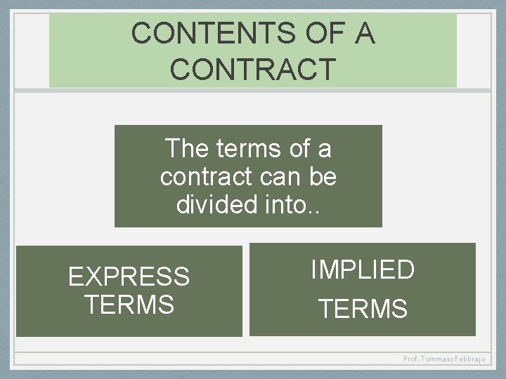 CONTENTS OF A CONTRACT The terms of a contract can be divided into. .