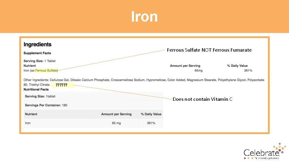 Iron Ferrous Sulfate NOT Ferrous Fumarate ? ? ? Does not contain Vitamin C