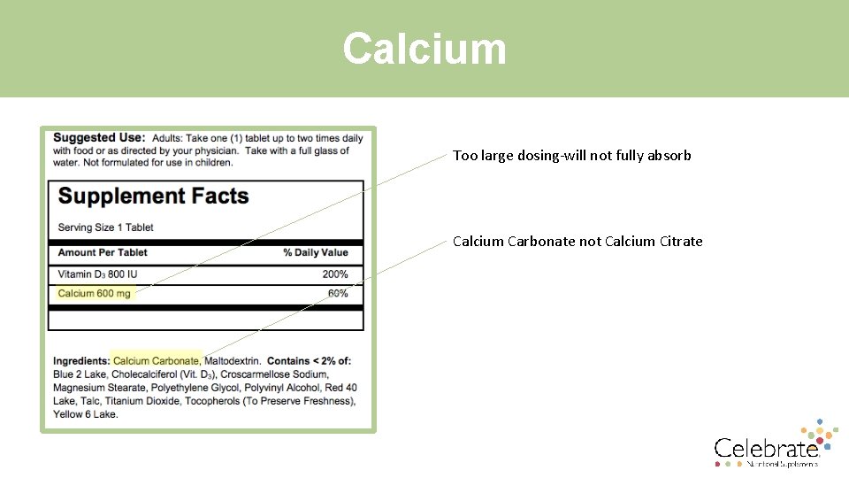 Calcium Too large dosing-will not fully absorb Calcium Carbonate not Calcium Citrate 