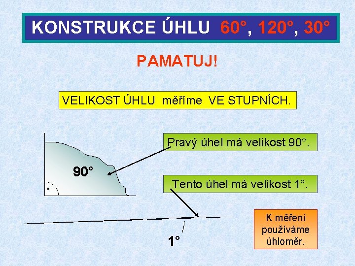 KONSTRUKCE ÚHLU 60°, 120°, 30° PAMATUJ! VELIKOST ÚHLU měříme VE STUPNÍCH. Pravý úhel má
