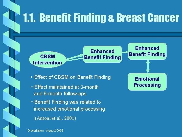 1. 1. Benefit Finding & Breast Cancer CBSM Intervention Enhanced Benefit Finding • Effect