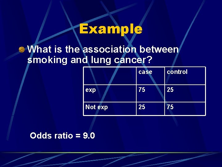Example What is the association between smoking and lung cancer? case control exp 75