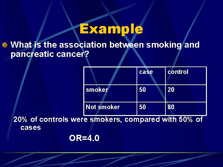 Example What is the association between smoking and pancreatic cancer? case control smoker 50