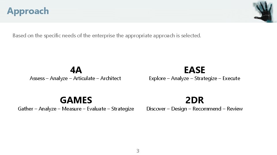 Approach Based on the specific needs of the enterprise the appropriate approach is selected.