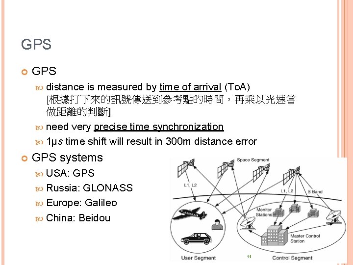 GPS distance is measured by time of arrival (To. A) [根據打下來的訊號傳送到參考點的時間，再乘以光速當 做距離的判斷] need very