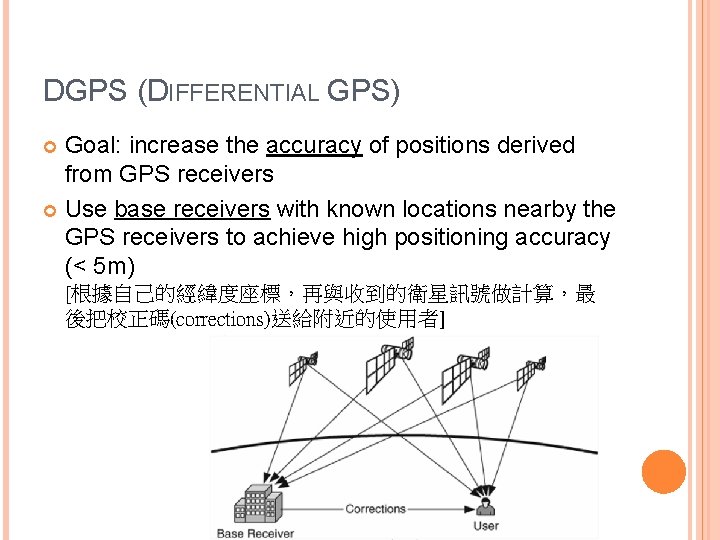 DGPS (DIFFERENTIAL GPS) Goal: increase the accuracy of positions derived from GPS receivers Use