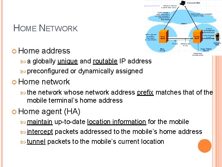 HOME NETWORK Home address a globally unique and routable IP address preconfigured or dynamically