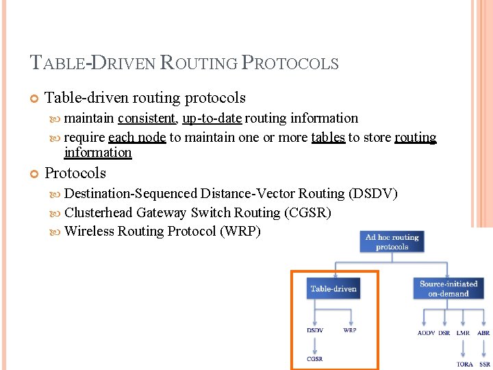 TABLE-DRIVEN ROUTING PROTOCOLS Table-driven routing protocols maintain consistent, up-to-date routing information require each node