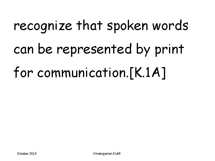 recognize that spoken words can be represented by print for communication. [K. 1 A]