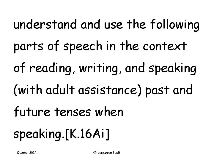 understand use the following parts of speech in the context of reading, writing, and