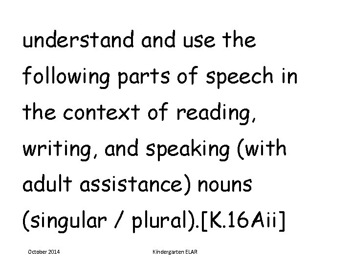 understand use the following parts of speech in the context of reading, writing, and