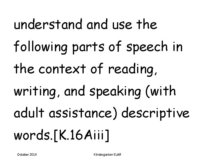 understand use the following parts of speech in the context of reading, writing, and