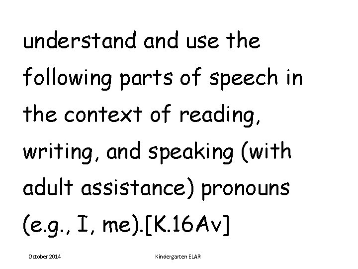 understand use the following parts of speech in the context of reading, writing, and