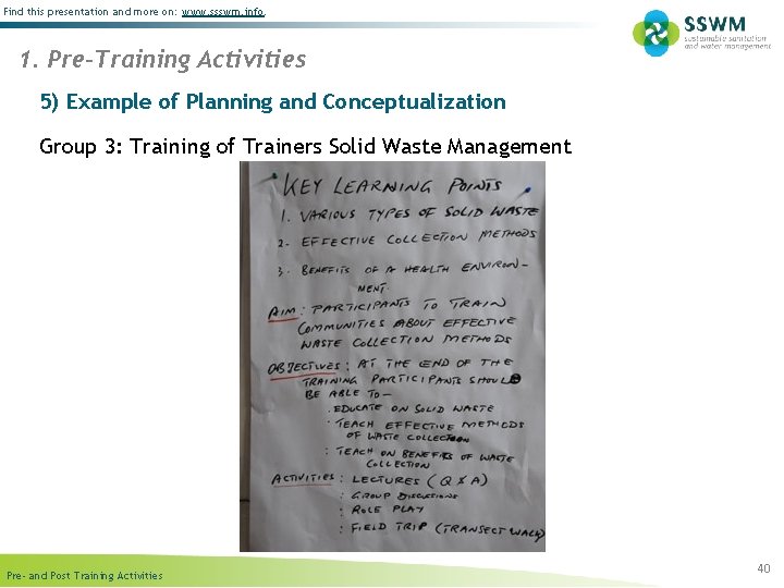 Find this presentation and more on: www. ssswm. info. 1. Pre-Training Activities 5) Example