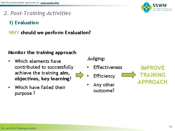 Find this presentation and more on: www. ssswm. info. 2. Post-Training Activities 1) Evaluation