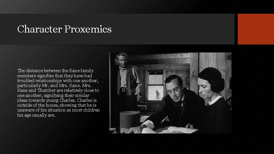 Character Proxemics The distance between the Kane family members signifies that they have had