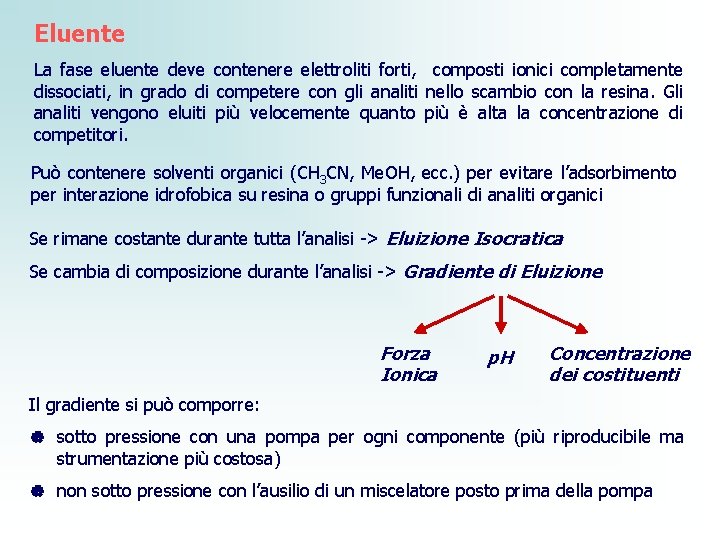 Eluente La fase eluente deve contenere elettroliti forti, composti ionici completamente dissociati, in grado