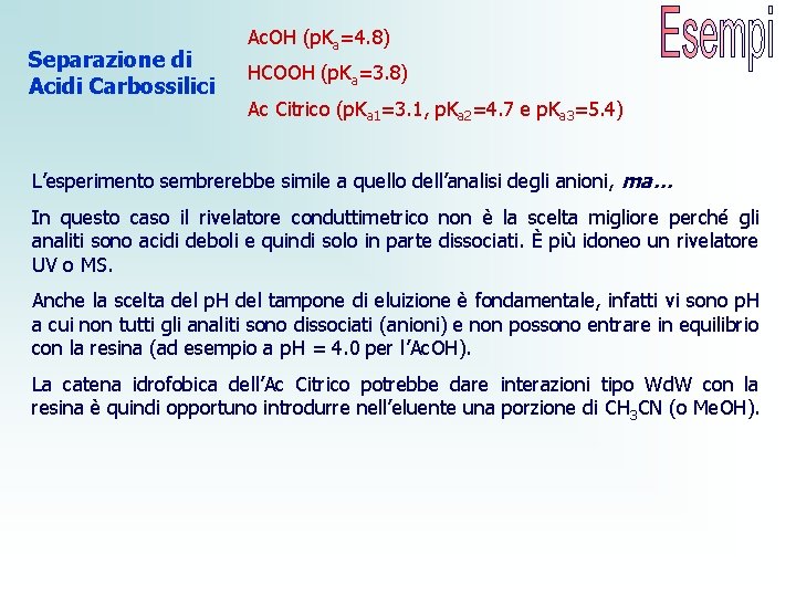 Separazione di Acidi Carbossilici Ac. OH (p. Ka=4. 8) HCOOH (p. Ka=3. 8) Ac