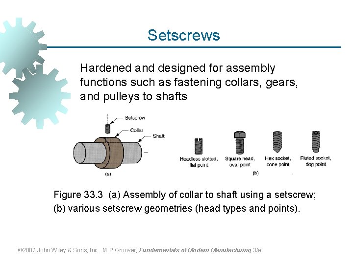 Setscrews Hardened and designed for assembly functions such as fastening collars, gears, and pulleys