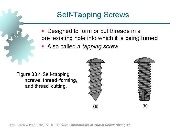 Self-Tapping Screws § Designed to form or cut threads in a pre‑existing hole into