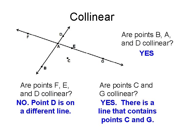 Collinear Are points B, A, and D collinear? YES Are points F, E, and