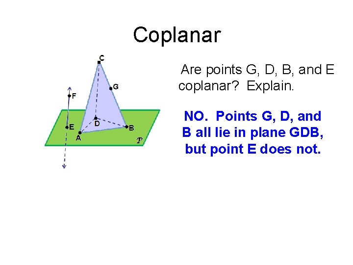 Coplanar Are points G, D, B, and E coplanar? Explain. NO. Points G, D,