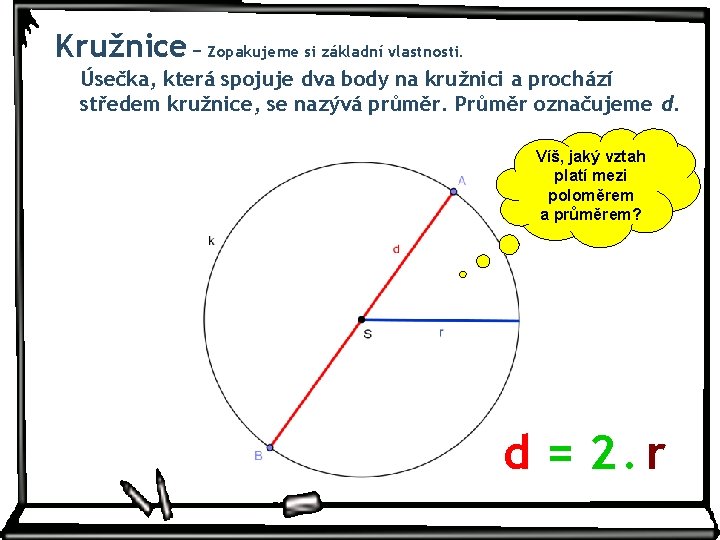 Kružnice − Zopakujeme si základní vlastnosti. Úsečka, která spojuje dva body na kružnici a