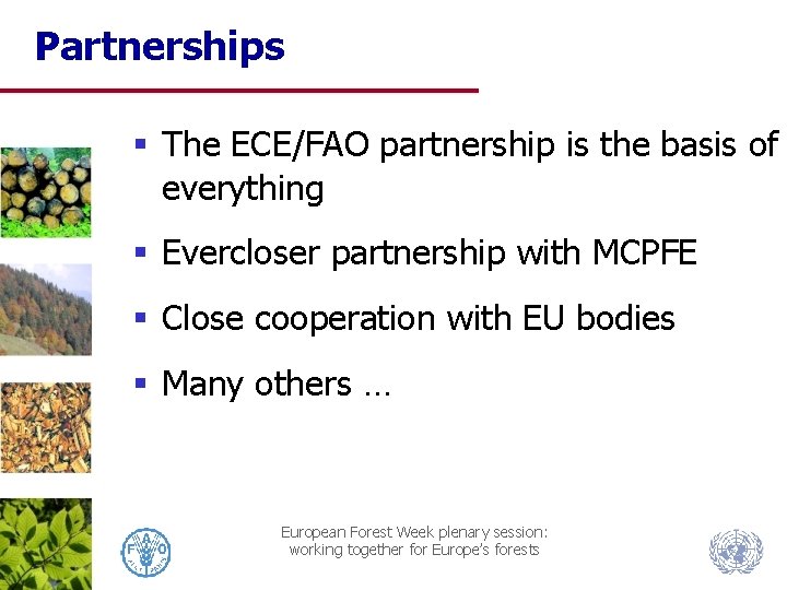 Partnerships § The ECE/FAO partnership is the basis of everything § Evercloser partnership with
