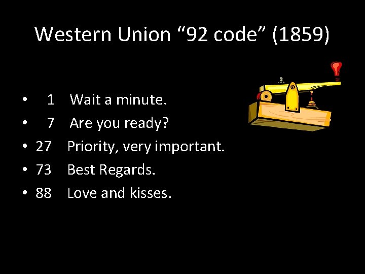 Western Union “ 92 code” (1859) • 1 Wait a minute. • 7 Are