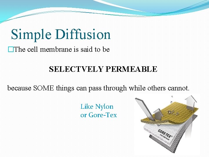 Simple Diffusion �The cell membrane is said to be SELECTVELY PERMEABLE because SOME things