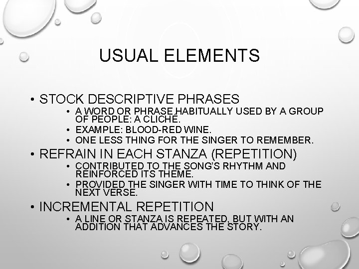 USUAL ELEMENTS • STOCK DESCRIPTIVE PHRASES • A WORD OR PHRASE HABITUALLY USED BY
