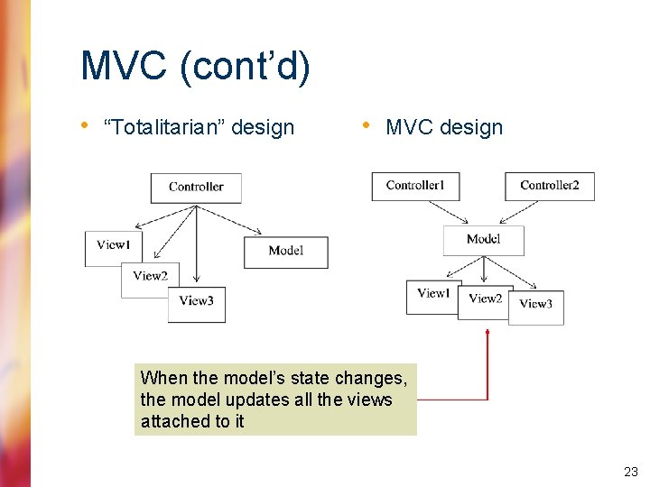 MVC (cont’d) • “Totalitarian” design • MVC design When the model’s state changes, the