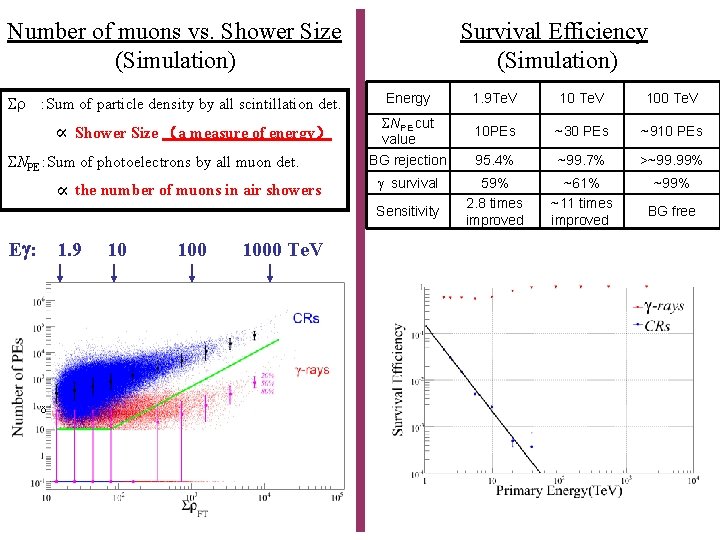 Number of muons vs. Shower Size (Simulation) Sr : Sum of particle density by Number of muons vs. Shower Size (Simulation) Sr : Sum of particle density by