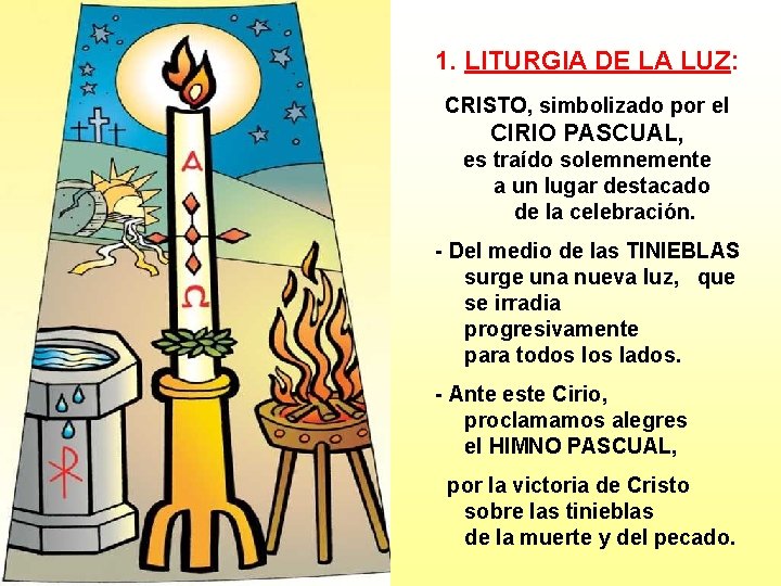 1. LITURGIA DE LA LUZ: CRISTO, simbolizado por el CIRIO PASCUAL, es traído solemnemente